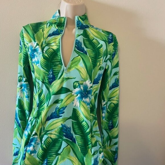 NWT Golf/Tennis Tommy Bahama Upf 50 Printed Quarter Zip Front  Top Sz XS GREEN - Picture 2 of 5